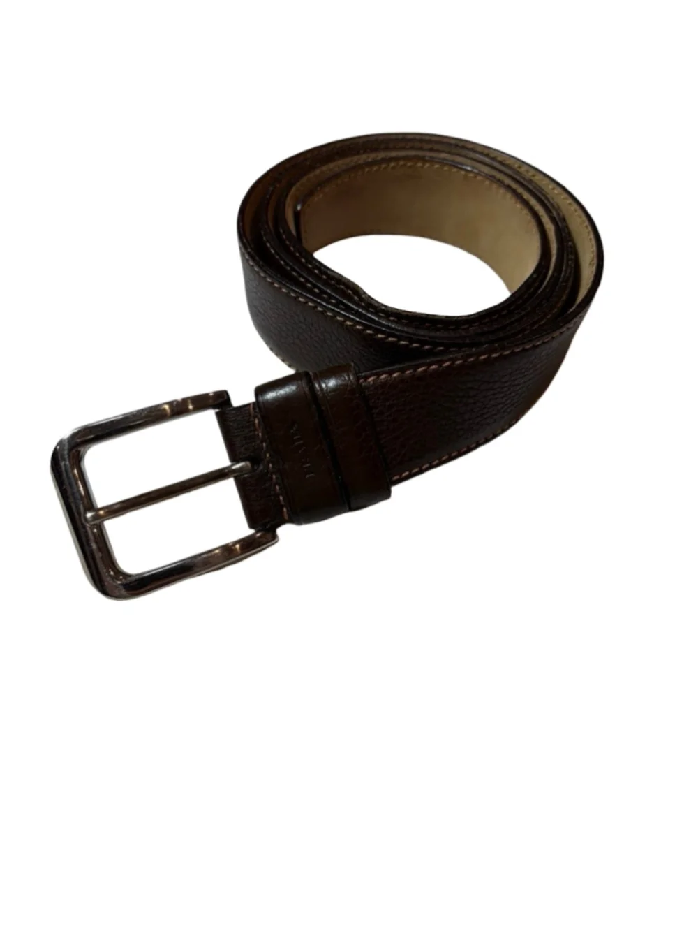 Prada Brown Pebbled Leather Belt Made Italy Silver Buckle Heavy Wear